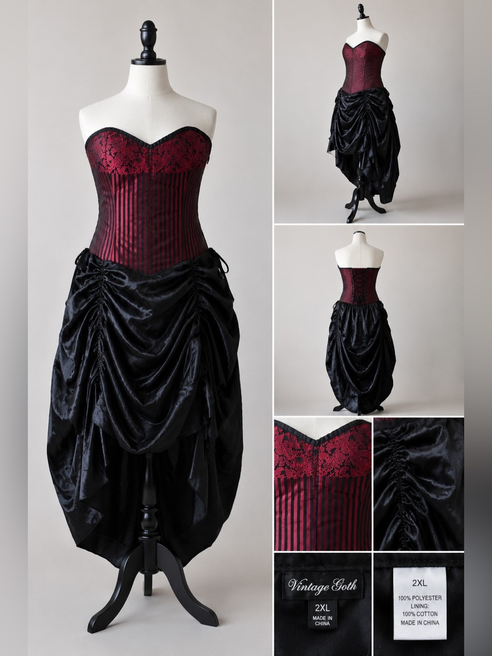 Gothic Victorian Corset Dress Burgundy Black Bustier Steampunk Vampire Plus XXL